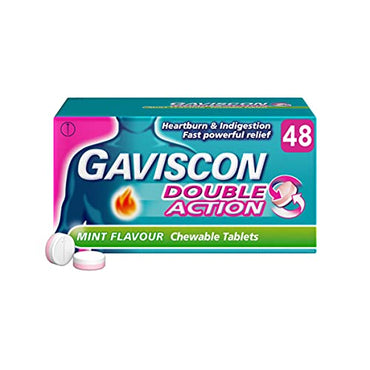 Gaviscon Double Action Heartburn and Indigestion Mint Flavour Chewable Tablets, Pack Of 48, for Fast, Powerful Heartburn And Indigestion Relief, Sugar Free, Gluten Free, Vegan Friendly - FoxMart™️ - Gaviscon